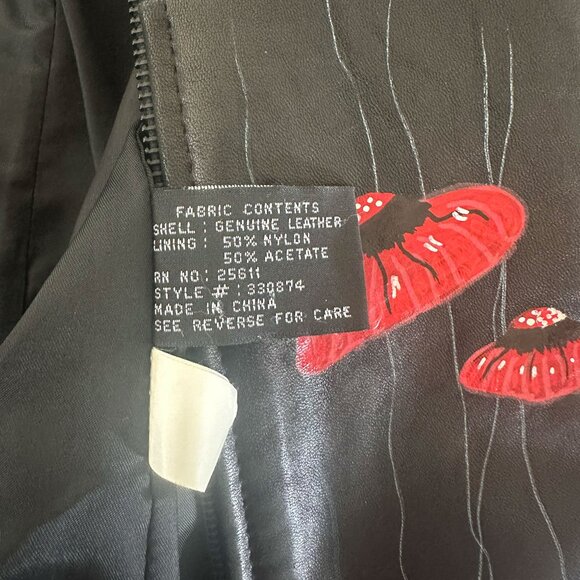 Hand-Painted Upcycled Unique Leather Jacket, "Shroomy," SPARK + REBEL - Size XL - Picture 9 of 11